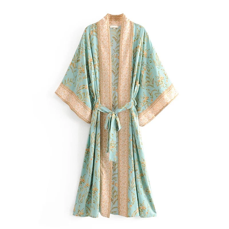 2020 New Hot Selling Vintage Boho  Floral Print Long Kimono Cardigan  Summer Tops Belted Beachwear Vestido Blusas Mujer