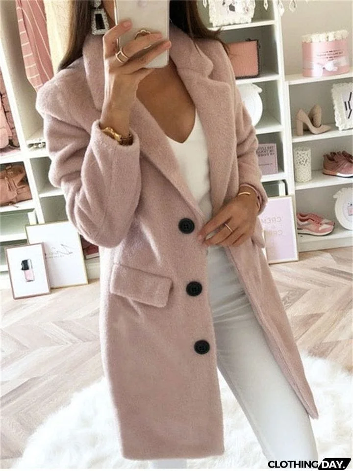 Women's Elegant Lapel Collar Button Up Slim Fit Winter Long Coats