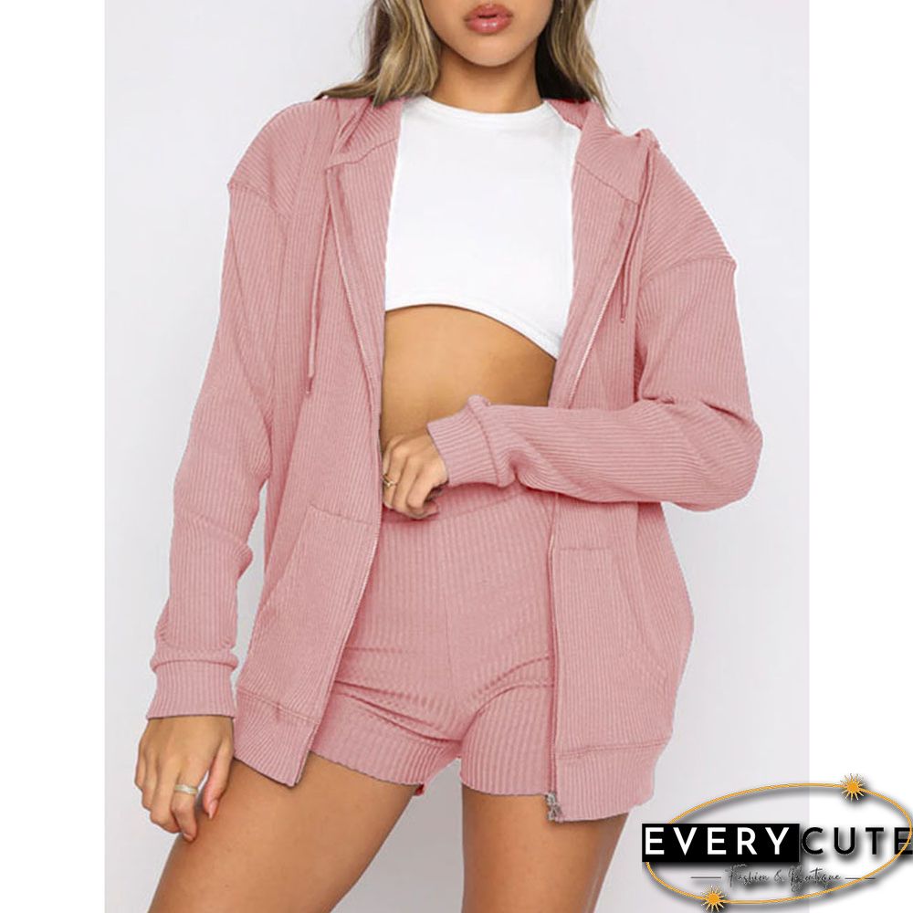 Pink Ribbed Zipper Hoodie with Shorts Lounge Set