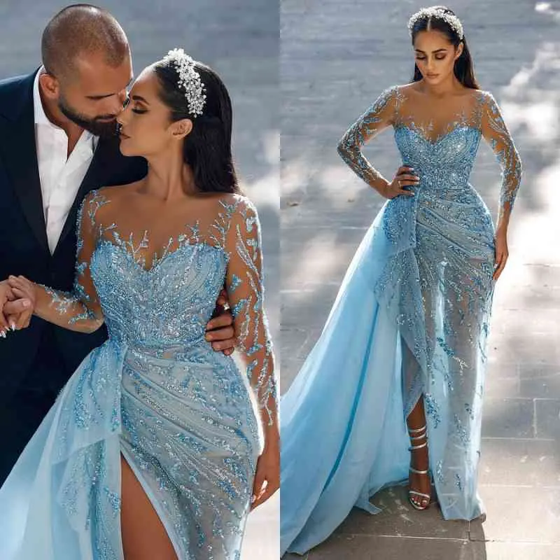 Sky Blue Sleeveless Split Mermaid Evening Dress with Sequins