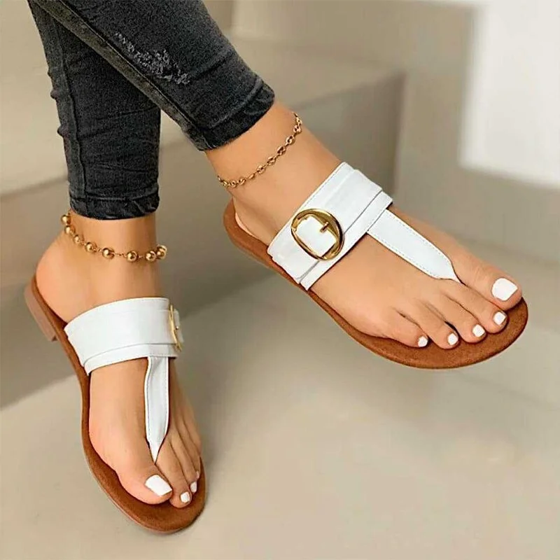 Qengg Women Slippers Clip Toe Flat Sandals Summer T Tied Ladies Shoes Beach Casual Woman Flip Flops Fashion Female PU Leather Footwear