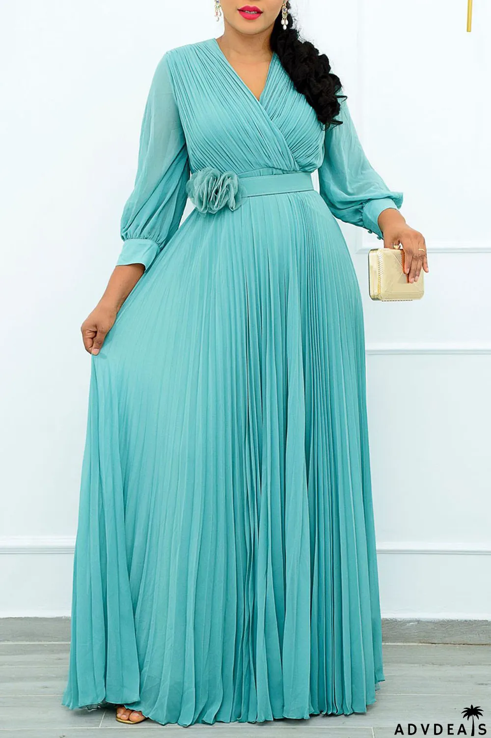 Yellow Casual Elegant Solid Patchwork Fold With Belt V Neck Straight Dresses