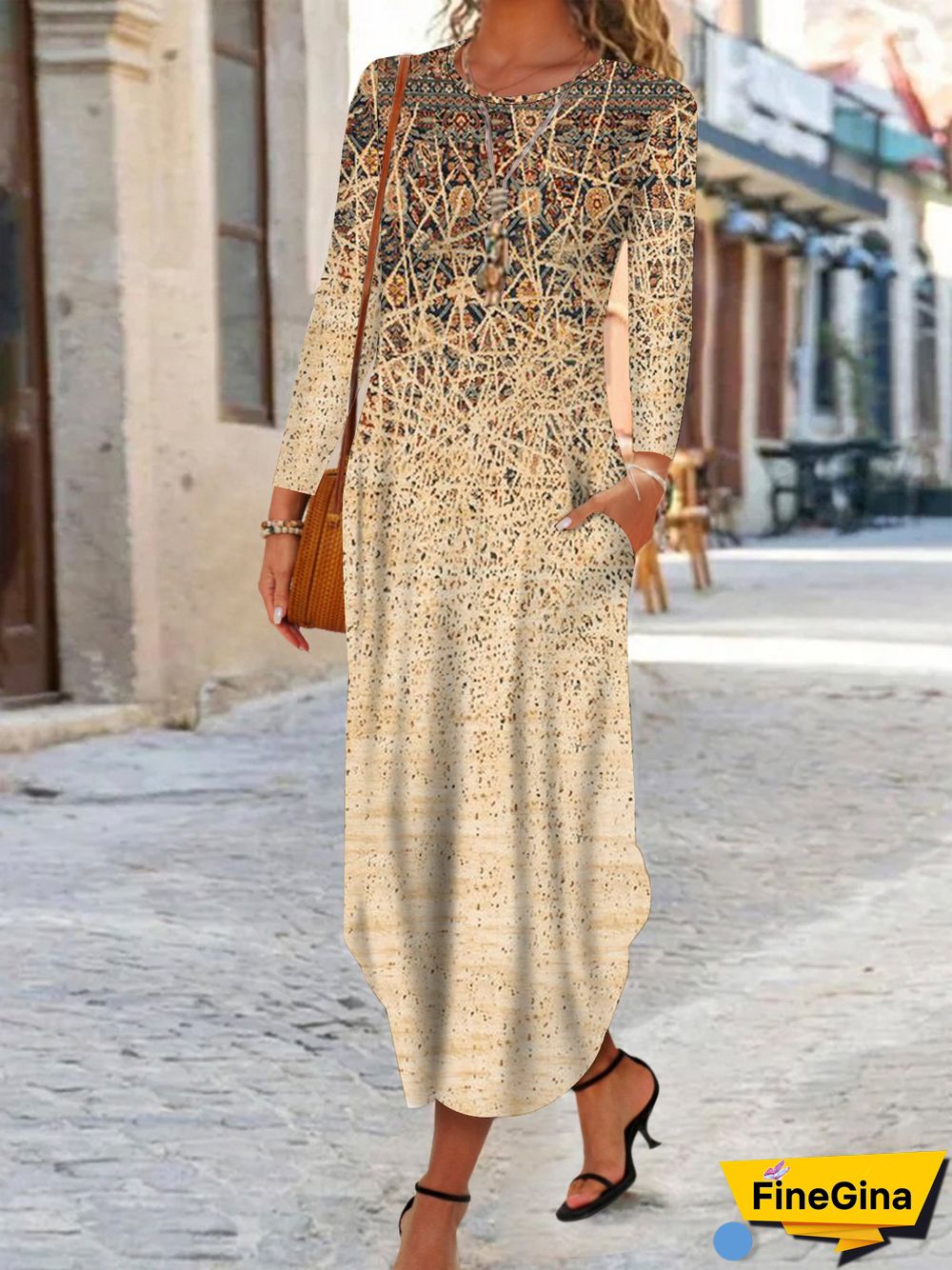 Women Casual Ethnic Autumn Micro-Elasticity Loose Jersey Best Sell Long sleeve H-Line Dresses