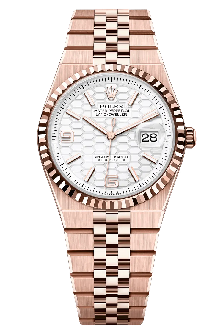 Rolex Land-Dweller 36mm Everose Gold Fluted Bezel White Honeycomb-Motif Dial Flat Jubilee - 127235 - New 2025【Free Shipping】