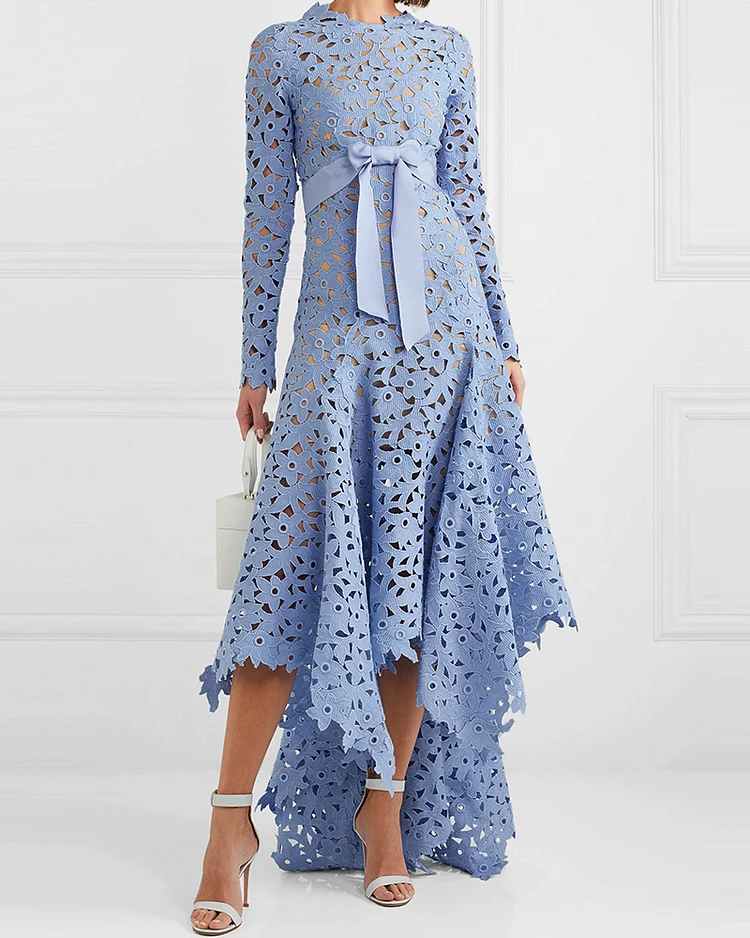 Irregular lace dress with hollow bow