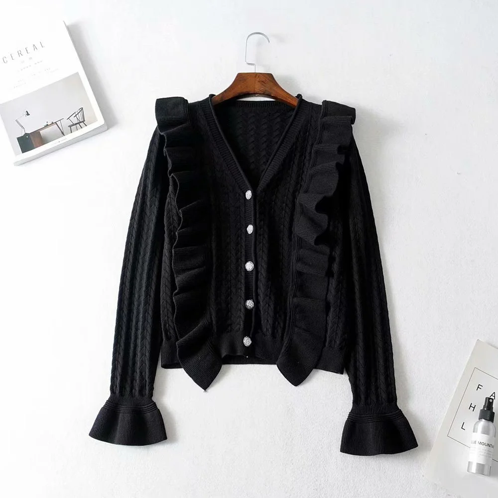 Elegant vintage french women's white sweaters black flare sleeve single breasted cardigans with ruffles v neck autumn sweater