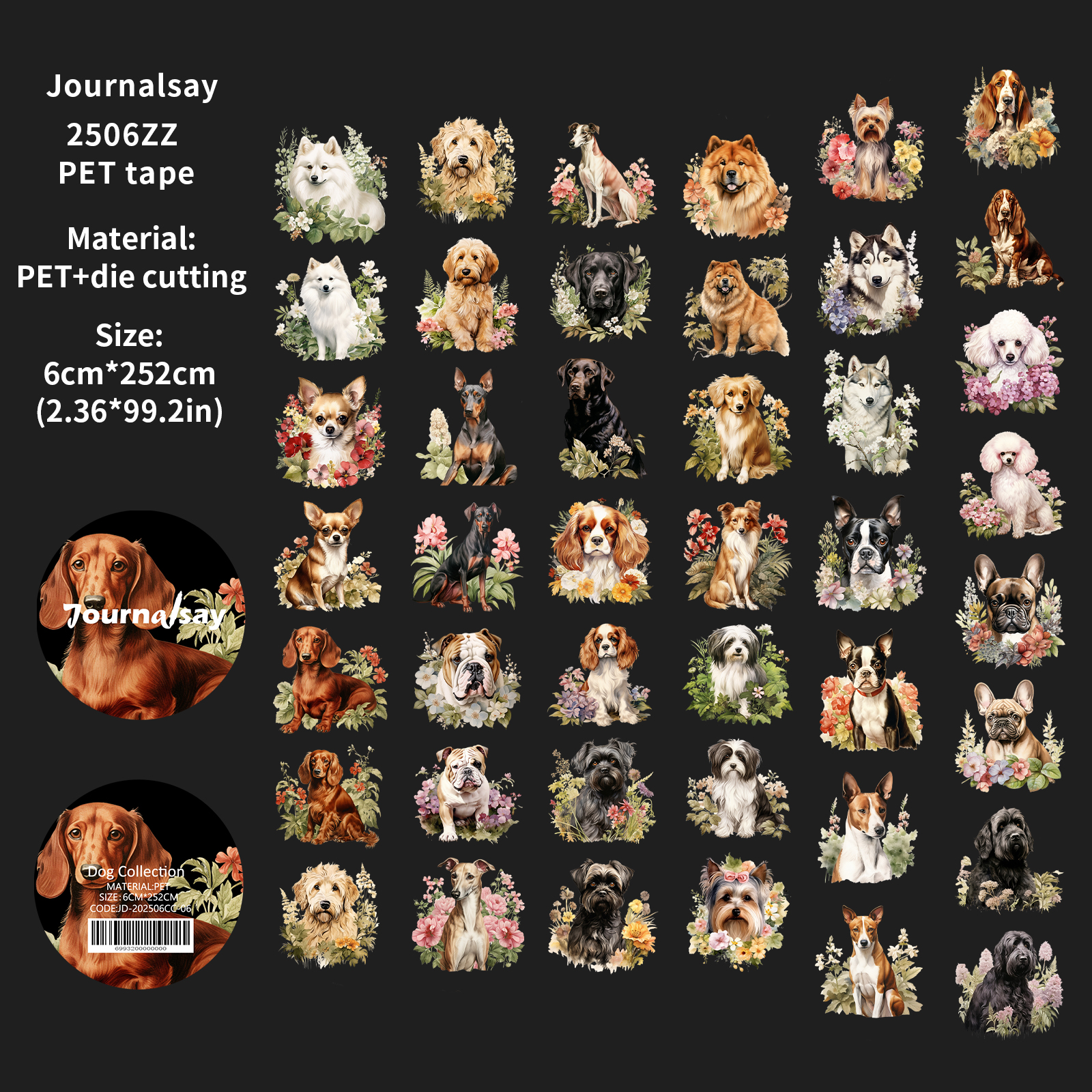 PET Tape - 60mm*252cm Journalsay Dog Collection Series Cute Animal Flower 