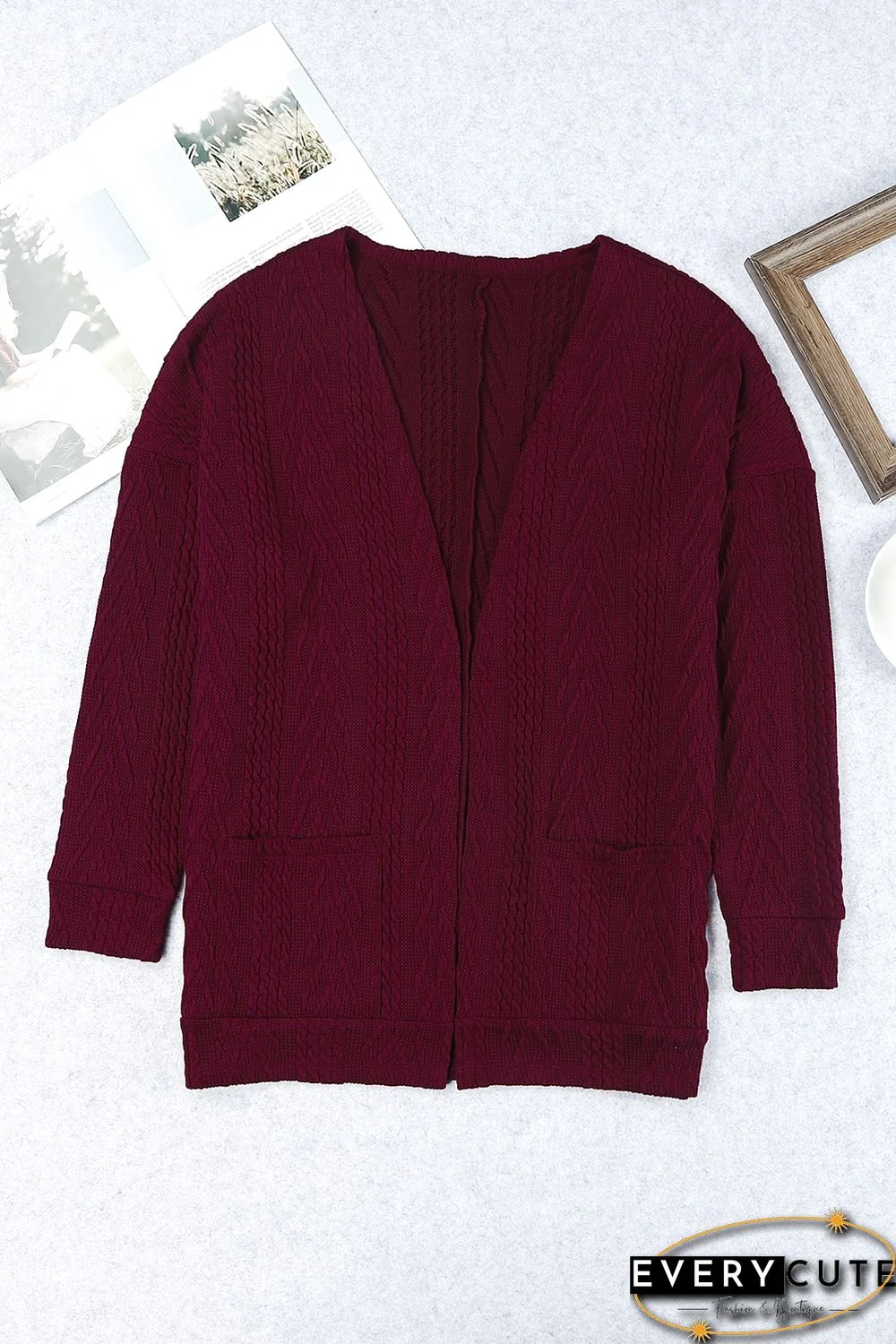 Red Drop Shoulder Textured Cardigan