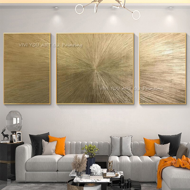 100% Handmade Modern Golden Line Oil Painting On Canvas 3 Pieces/set Golden Color Abstract Wall Art Picture For Room No Framed