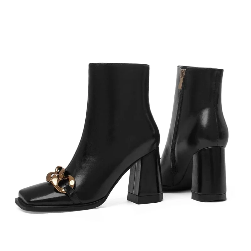 Lourdasprec Metal Chain Square Toe Boot Women High Heels Leather Bootine Short Ankle Chelsea Booties Autumn Winter Fashion Shoes