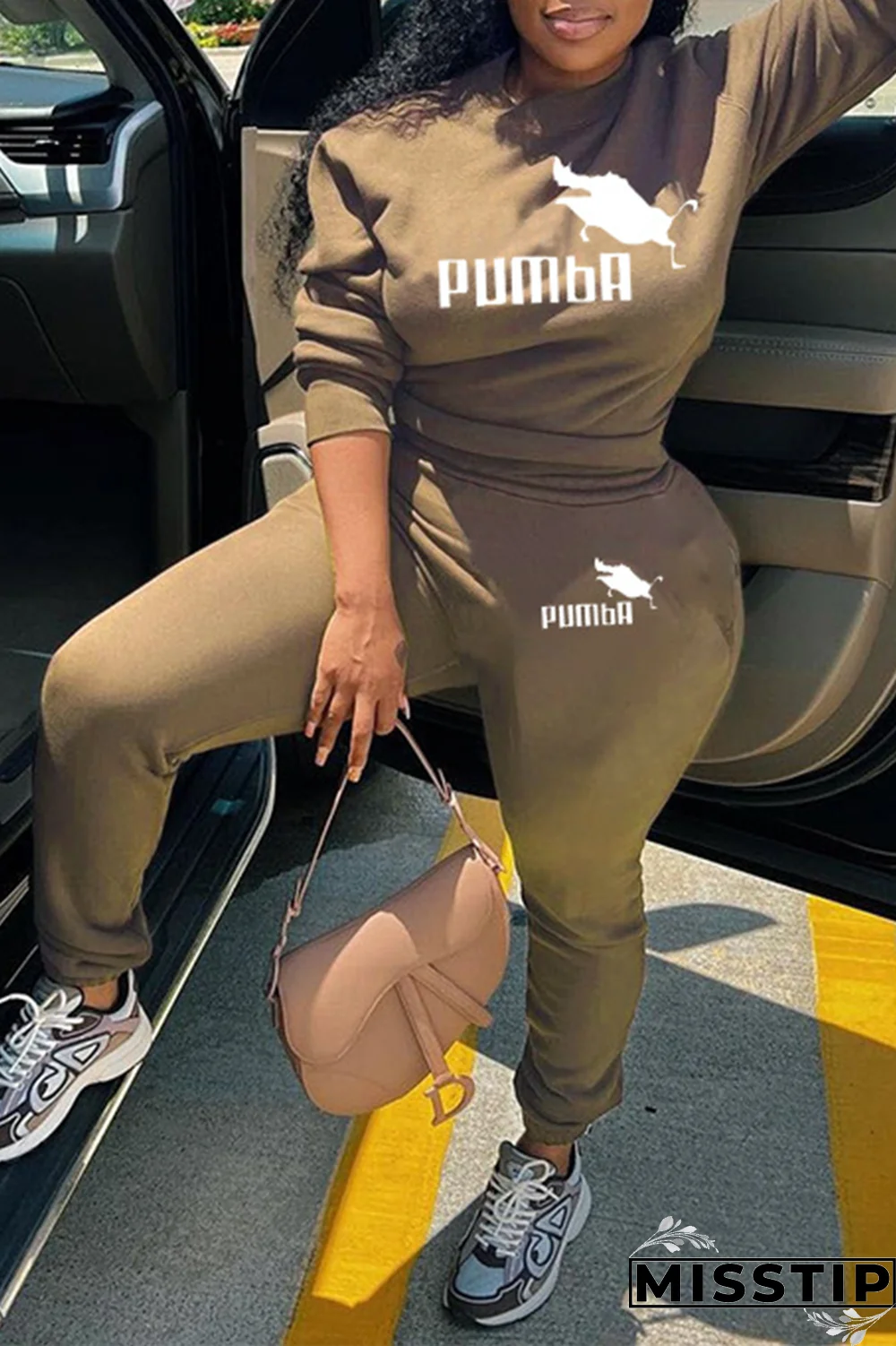 Rose Red Street Print Patchwork O Neck Long Sleeve Two Pieces