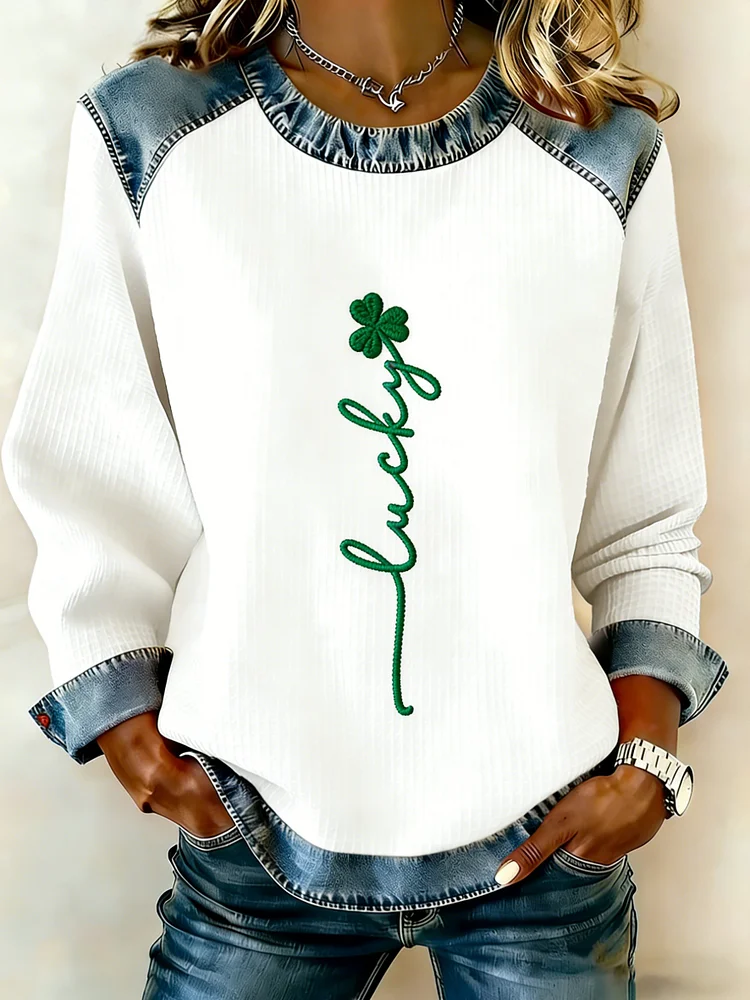 Women's Lucky Clover Round Neck Faux Denim Print Top  socialshop