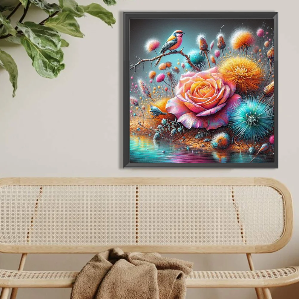 Diamond Painting - Full Round Drill - Rose Dandelion Bird(Canvas|40*40cm)