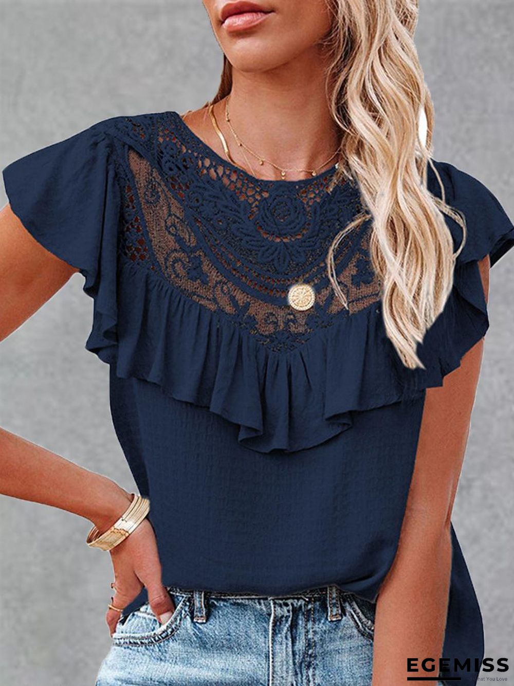 Fashion Lace Ruffle Short Sleeve T-Shirt | EGEMISS