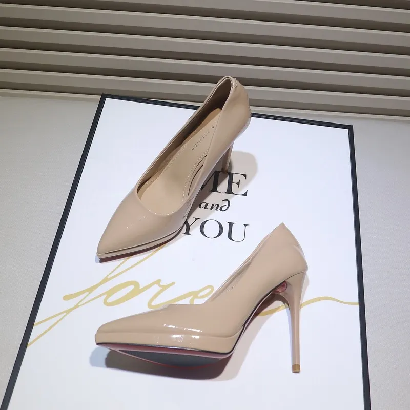 Breakj Breakj Spring New Patent Leather Naked Ten Cm High Heels Women Waterproof Table With 12 Cm Pointed Women's Single Shoes