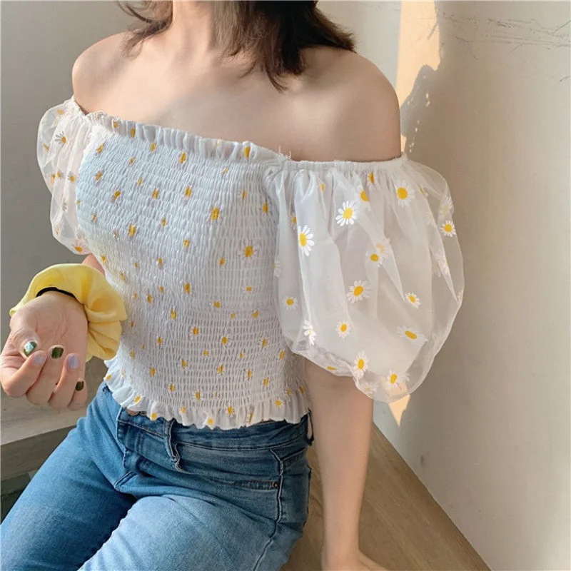 Abebey-Graduation gift, dressing for the Coachella Valley Music Festival,Small Daisy Embroidery Mesh Off Shoulder Shirts