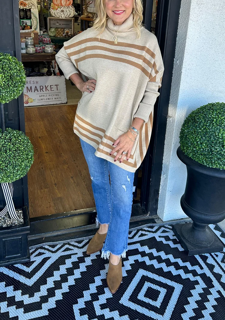 Women's High Neck Bat Sleeve Striped Sweater (Buy 2 Free Shipping)