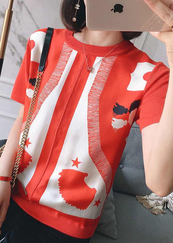 VCSHOES Red O-Neck Print Silk Patchwork Knit Top Short Sleeve