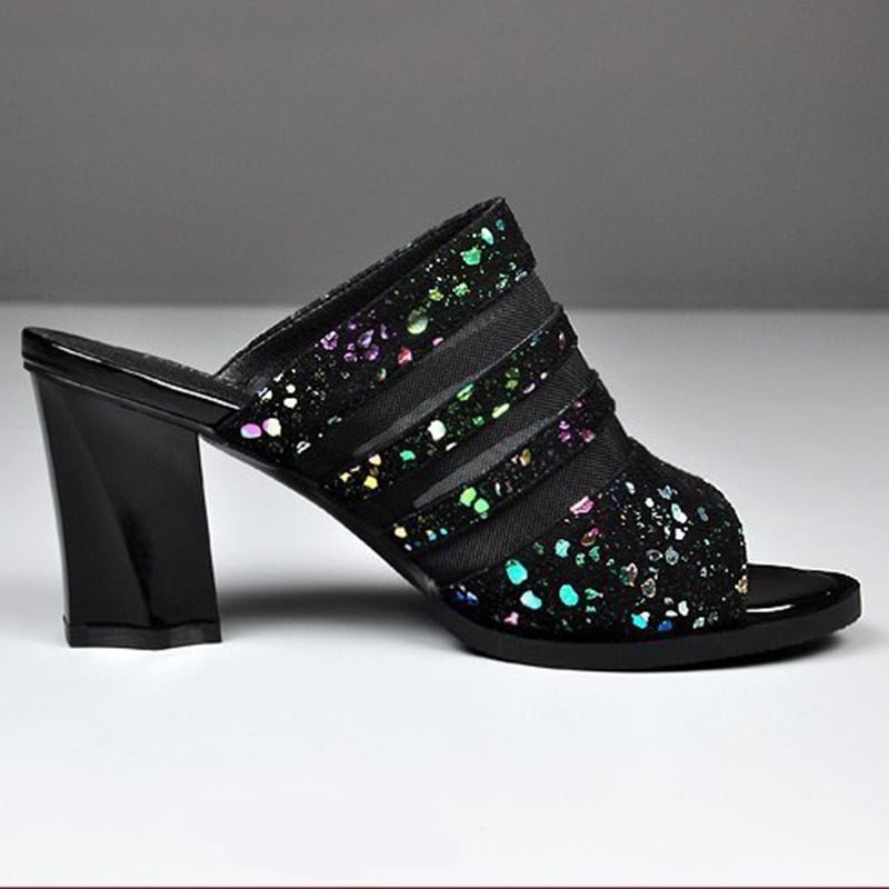 Lucyever high heels glitter slippers women summer 2021 sexy black mesh slip on sandals shoes woman peep toe hollow out sandalias
