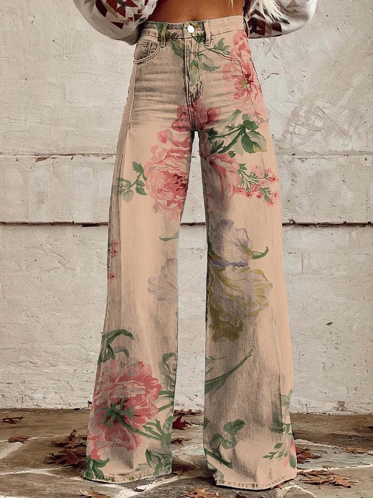 Women's Vintage Botanical Floral Wide Leg Pants