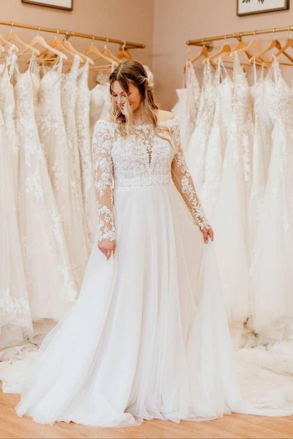 Pretty Off-the-Shoulder Tulle Long Sleeves Wedding Dress With Lace A-Line | Ballbellas Ballbellas