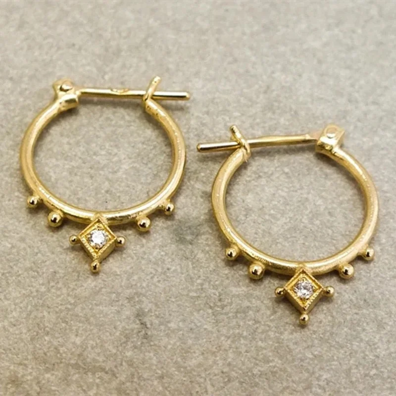 Classic Gold Color Hoop Earrings Simple Square Inlaid White Zircon Crystal Wedding Engagement Earrings Jewelry
