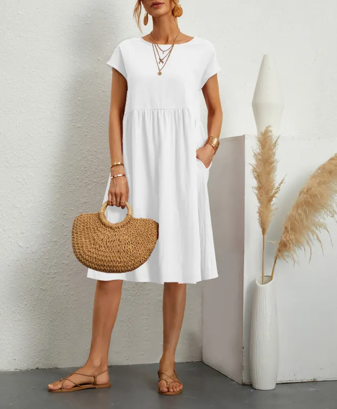 Women Cap Sleeve Pocket Midi Dress Round Neck Loose Casual Cotton Linen Summer Vacation Dress