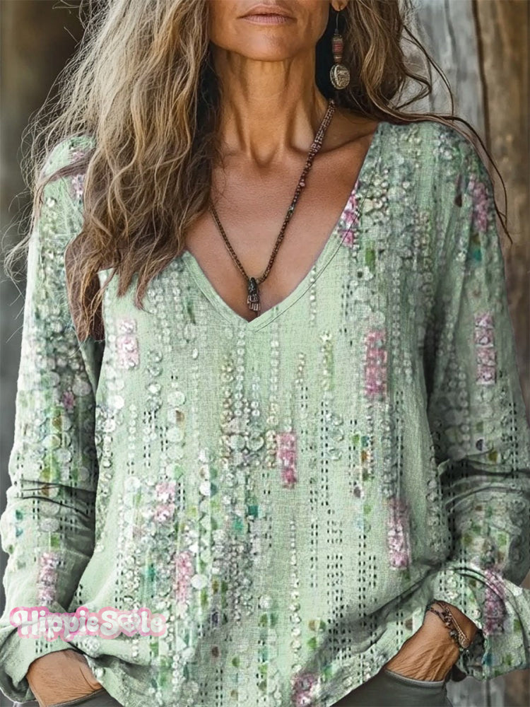 Women’s Texture Art Print Casual V Neck Comfortable Cotton Shirt Multicolor / S