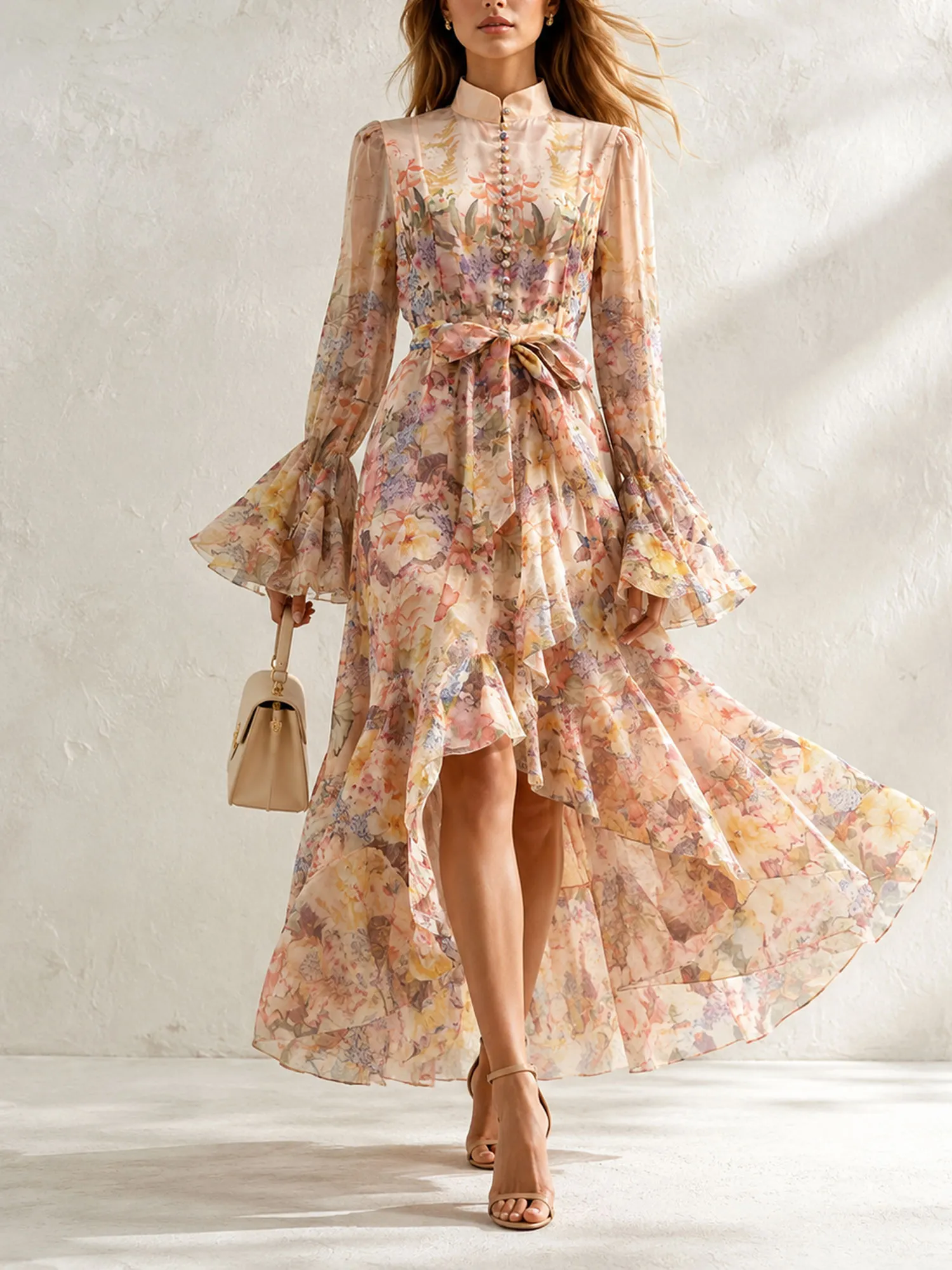 Great for Sunset Prairie Wine Tasting &mdash; 2026 Women&rsquo;s Apricot Floral Ruffle Hem Flare Sleeve Chiffon Boho Maxi Dress