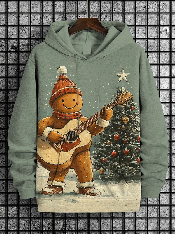 Men's Christmas Eve Gingerbread Man Playing Guitar In The Snow Art Print Hooded Sweatshirt