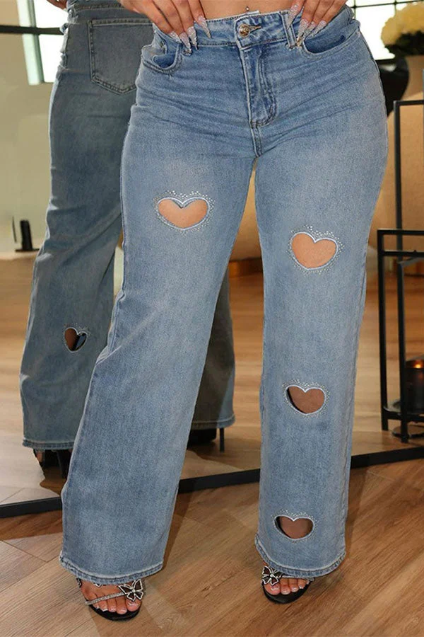 Hollow-Out Heart Rhinestone Decor Unique Jeans