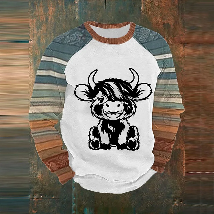 Comstylish Men's Highland Cow Printed Casual Crew Neck Sweatshirt