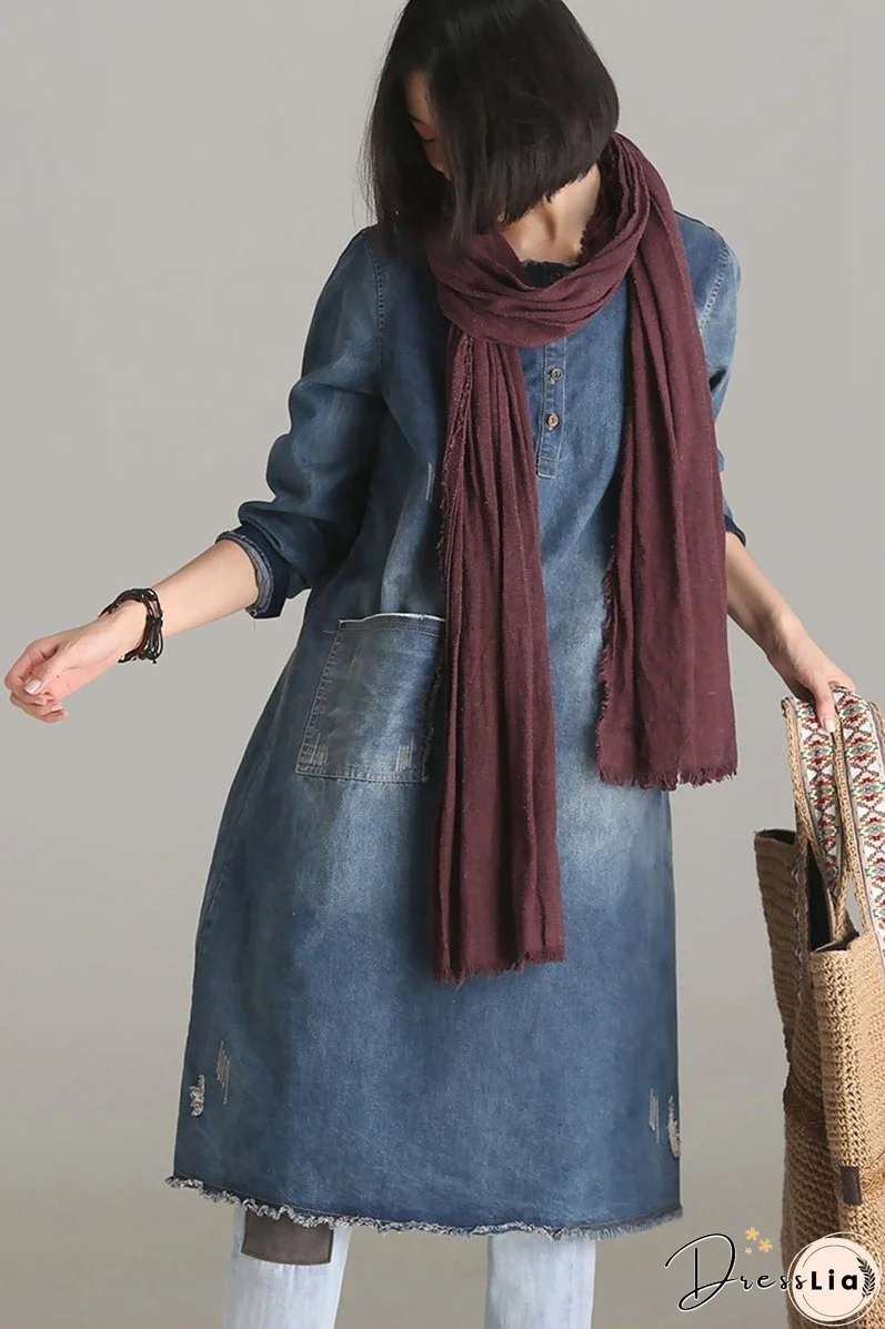 Vintage Casual Blue Denim Dresses Women Clothes