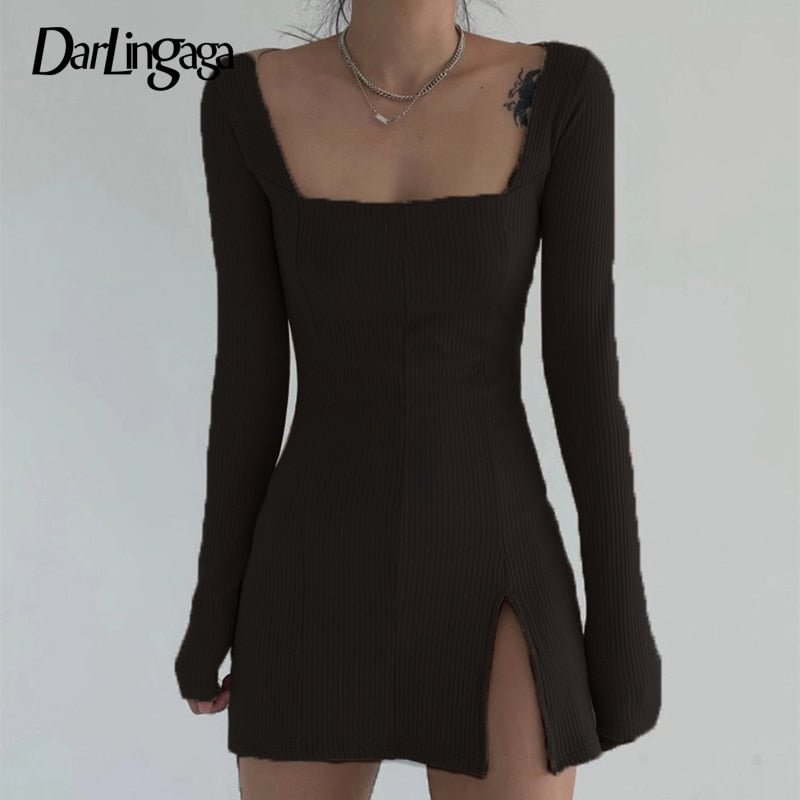 Darlingaga Elegant Square Neck Ribbed Black Dress Female Knitted Side Split Bodycon Dress Long Sleeve Fashion Mini Dresses Basic