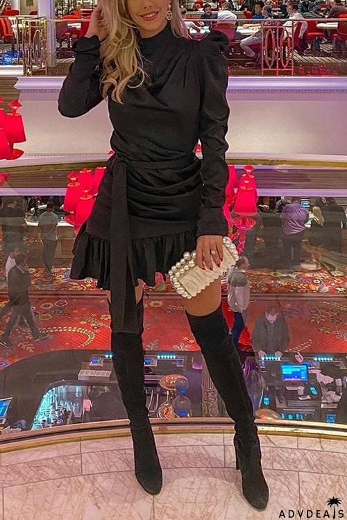 Flounced Lace-up High Neck Mini Dress