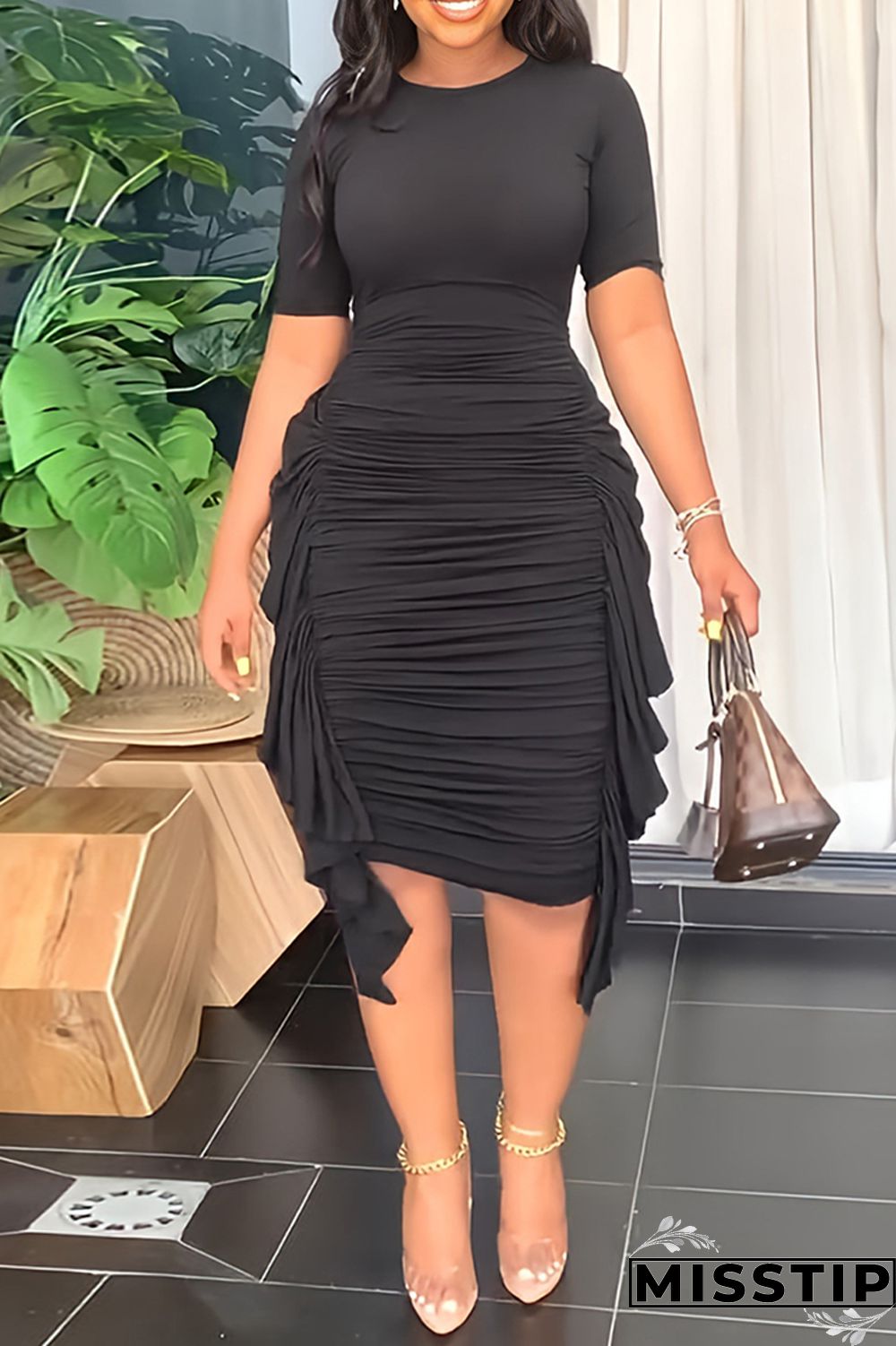 Purple Fashion Casual Solid Patchwork Fold O Neck Short Sleeve Dress