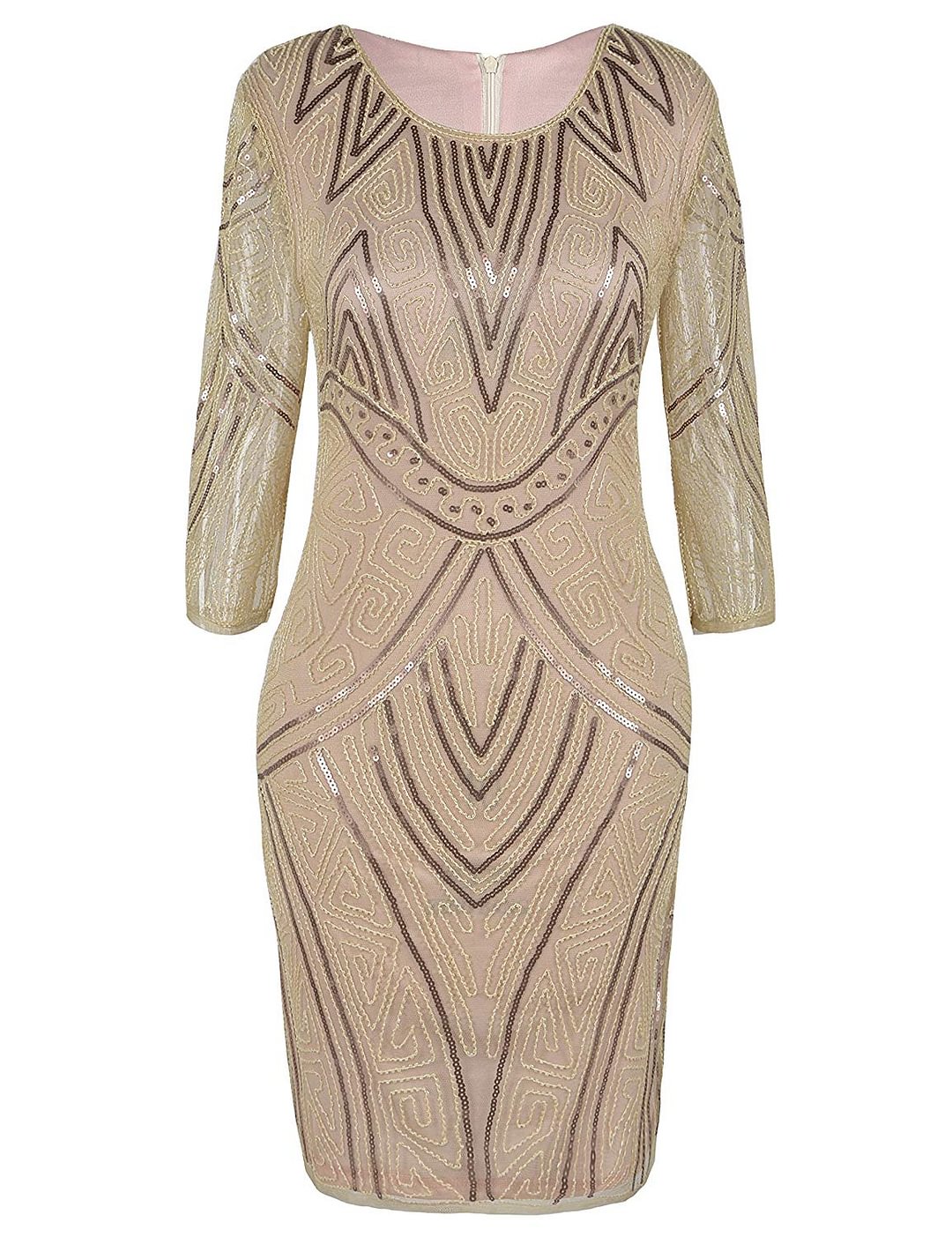 Women 1920s Flapper Dress Beaded Deco Long Sleeve Cocktail Gatsby Dress (Small Champagne Pink)