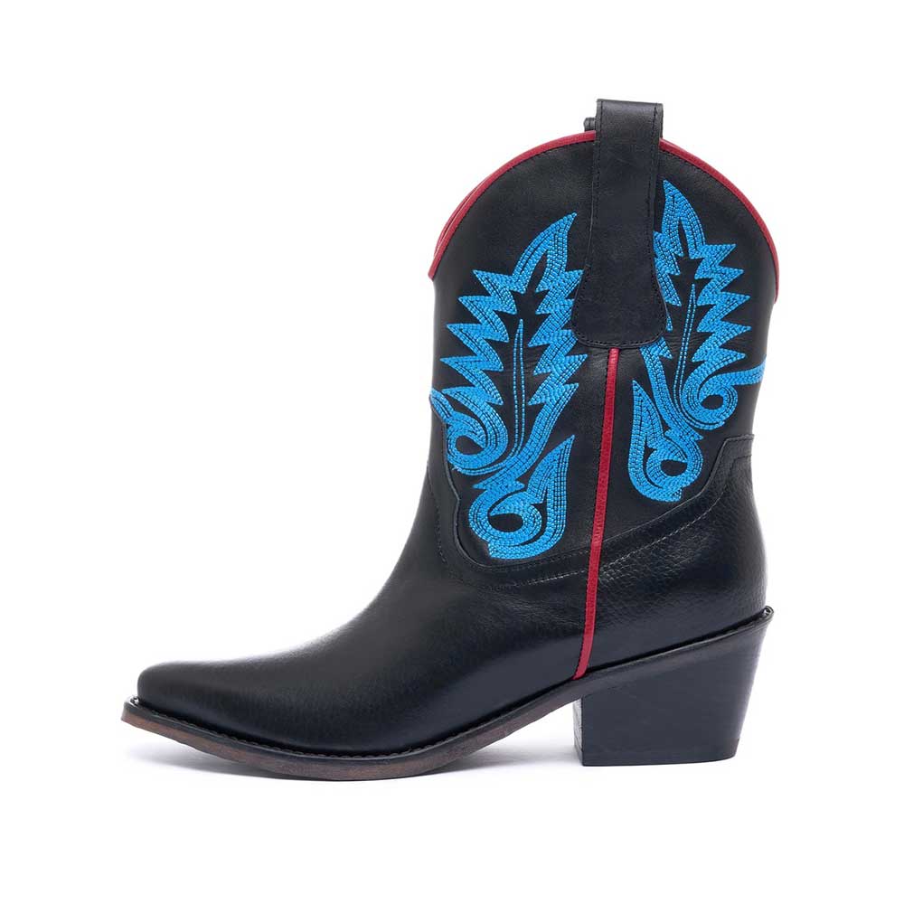 Black Vegan Leather Pointed Toe Chunky Heel Embroidered Cowgirl Boots Nicepairs