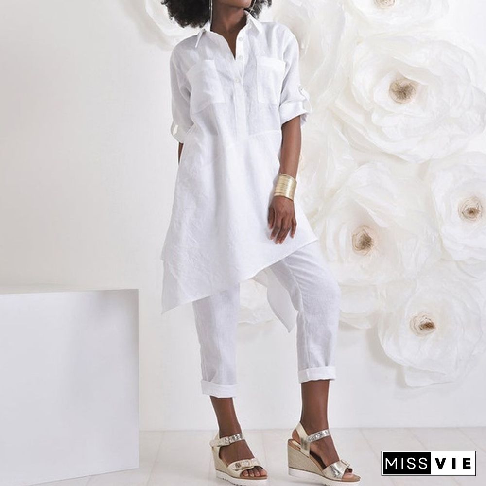 Womens Autumn Casual Long Shirt Irregular Hem Sleeve Turn Down Collar Loose Blouse Plus