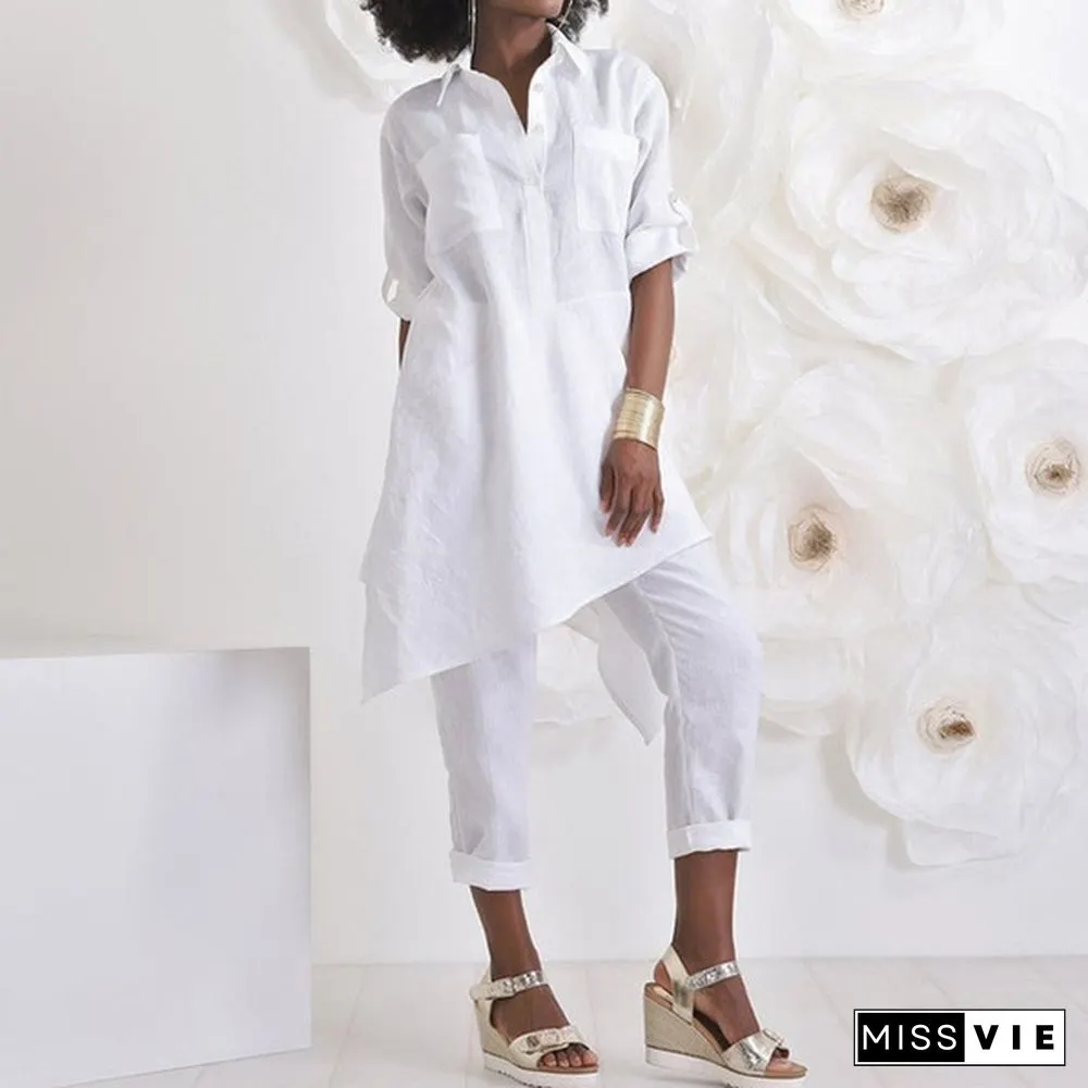 Womens Autumn Casual Long Shirt Irregular Hem Sleeve Turn Down Collar Loose Blouse Plus