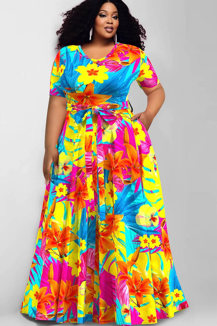 Xpluswear Design Plus Size Casual Multicolor Floral Print Round Neck Short Sleeve Wrap Pocket Maxi Dress