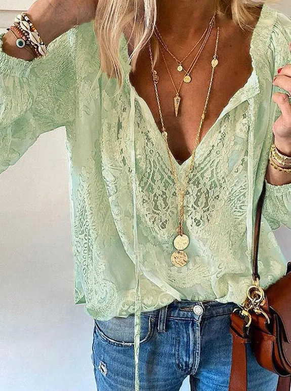 Brownm Casual Solid Color Loose Pullover Elegant Regular Sleeve Graceful Commuter Lace Shirt