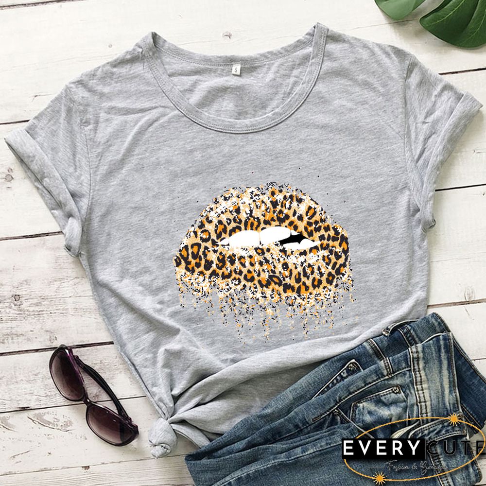 Funny Leopard Lips Dripping T-shirt TrendyPersonalityShirtsWomenFashionCasualPureCottonVintageShirt 90sAesthetic Tee