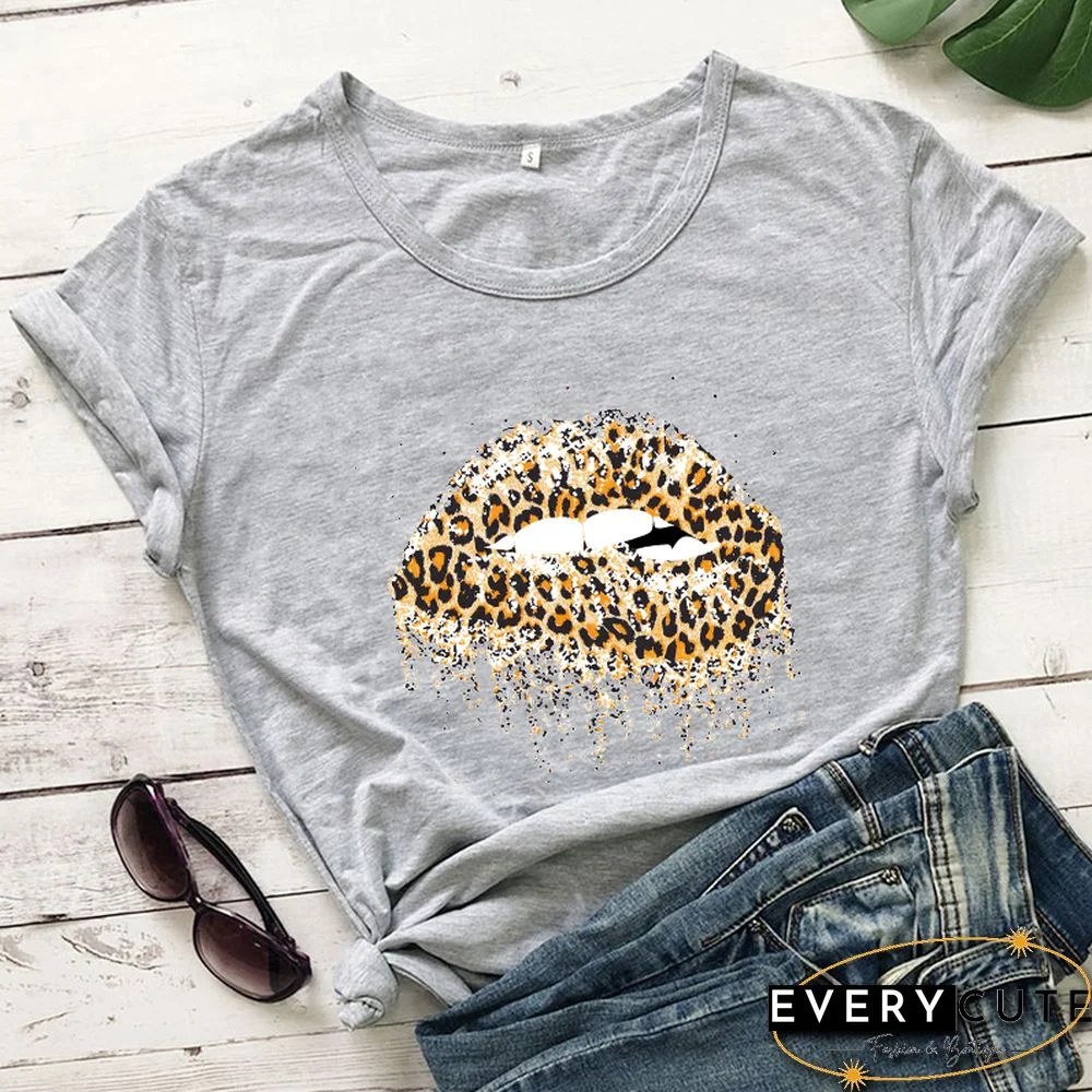 Funny Leopard Lips Dripping T-shirt TrendyPersonalityShirtsWomenFashionCasualPureCottonVintageShirt 90sAesthetic Tee