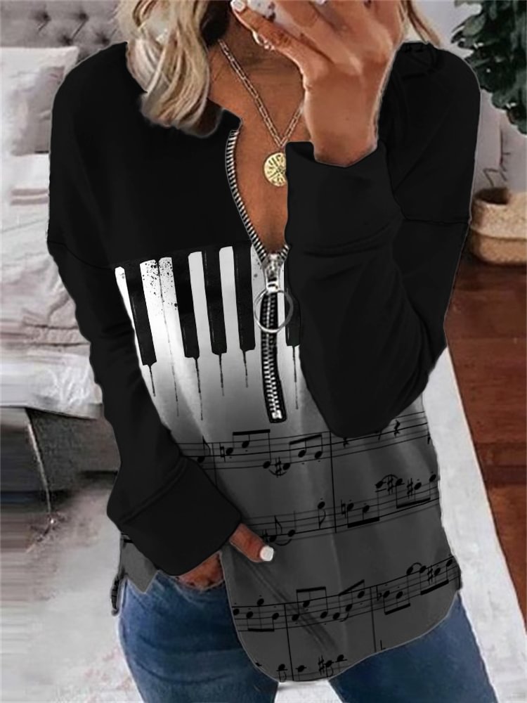 Comstylish Music Sheet Piano Keys Contrast Zip Up Sweatshirt