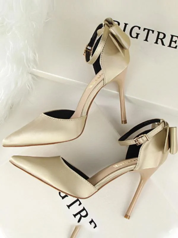 Stiletto high heel shallow pointy satin hollow back bow sandals