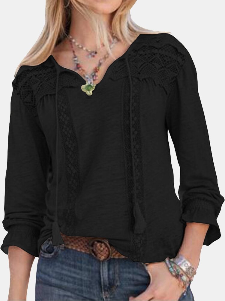 Lace Patchwork Tassels Long Sleeve Blouse For Women P1643518