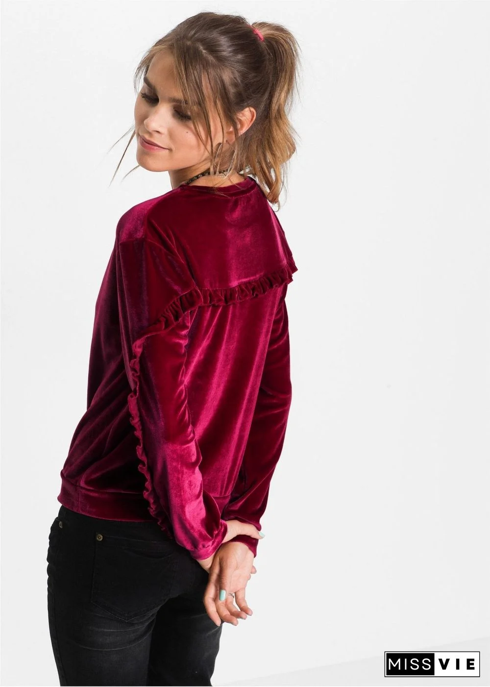 Round Neck Velvet Ruffled Velvet Shirt