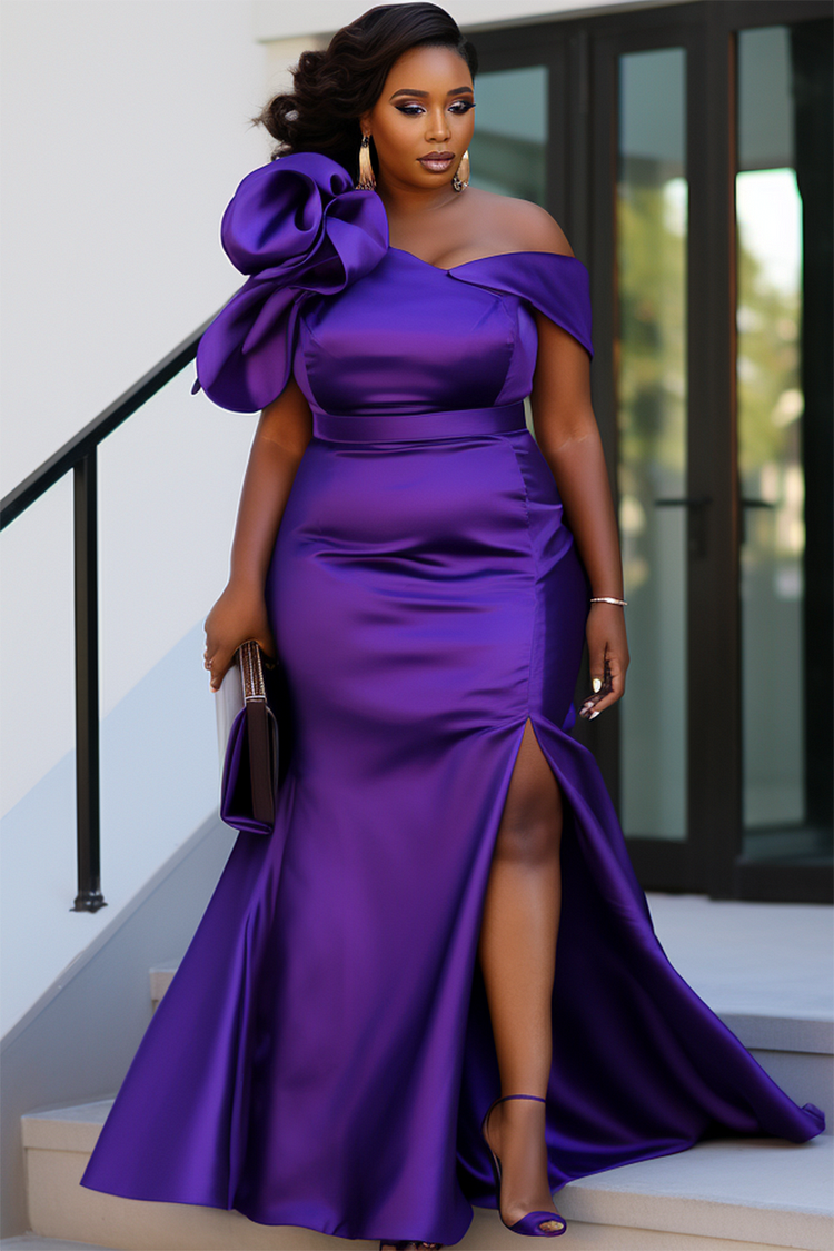 Xpluswear Design Plus Size Formal Purple Asymmetrical Collar Ruffle Split Satin Maxi Dresses [Pre-Order]