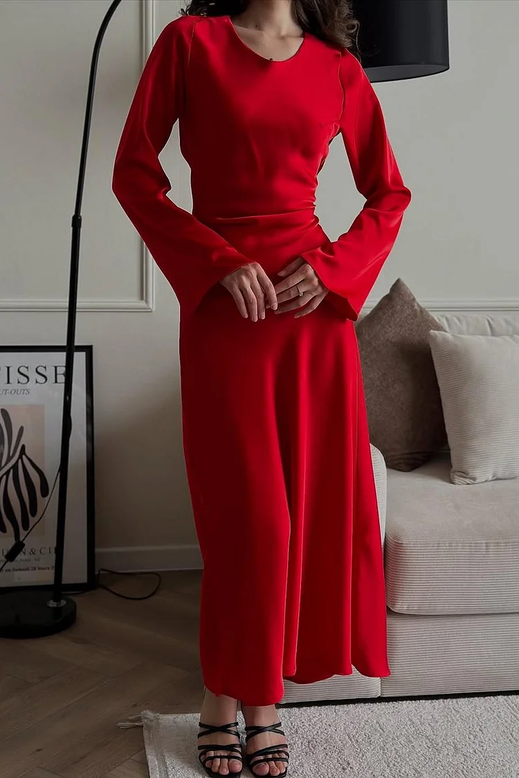 Hellodresses Chic Red Jewel Long Sleeves Belt Long Prom Dress With Pleated 
